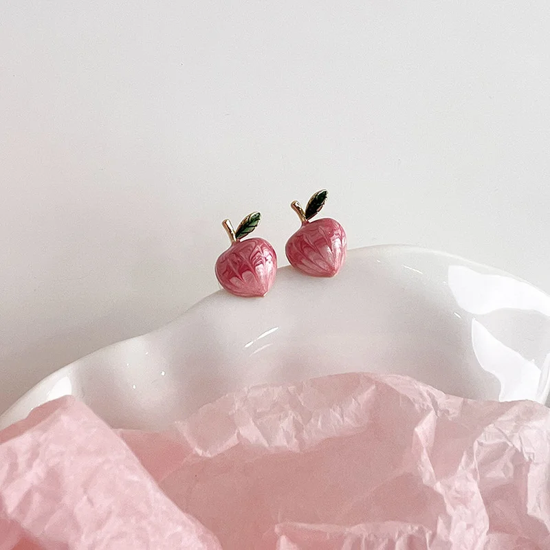 

Minar Sweet Pink Color Enamel Peach Stud Earrings for Women Mujer Metallic Simulation Fruit Earring Korean Japanese Jewelry