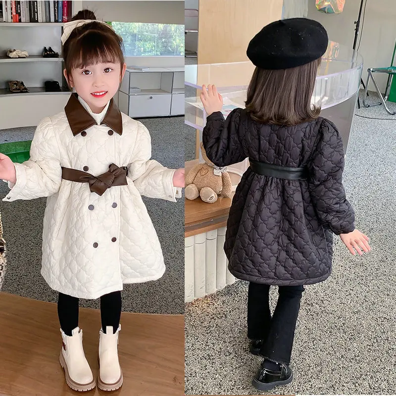 

Girls Winter Thicken Coats Warm Outerwear Cotton PU Splicing Thick Jacket Light Coat Retract Waist Strap 3-8Y