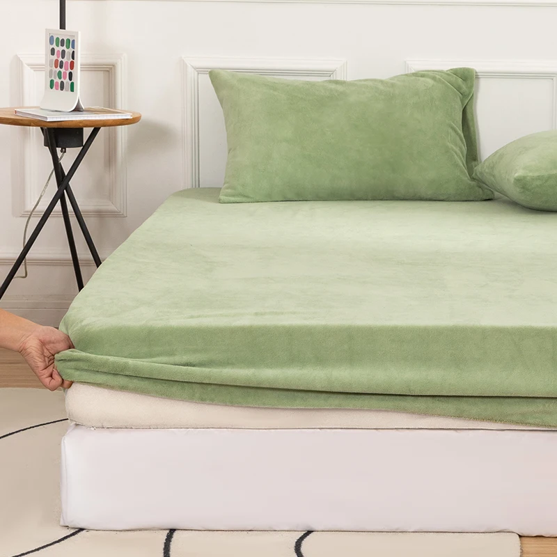 

Bonenjoy Winter Warm Fitted Sheet with Elastic Single Size Green Color Flannel Bed Sheet Double Soft Thick Fitted Bed Sheet King