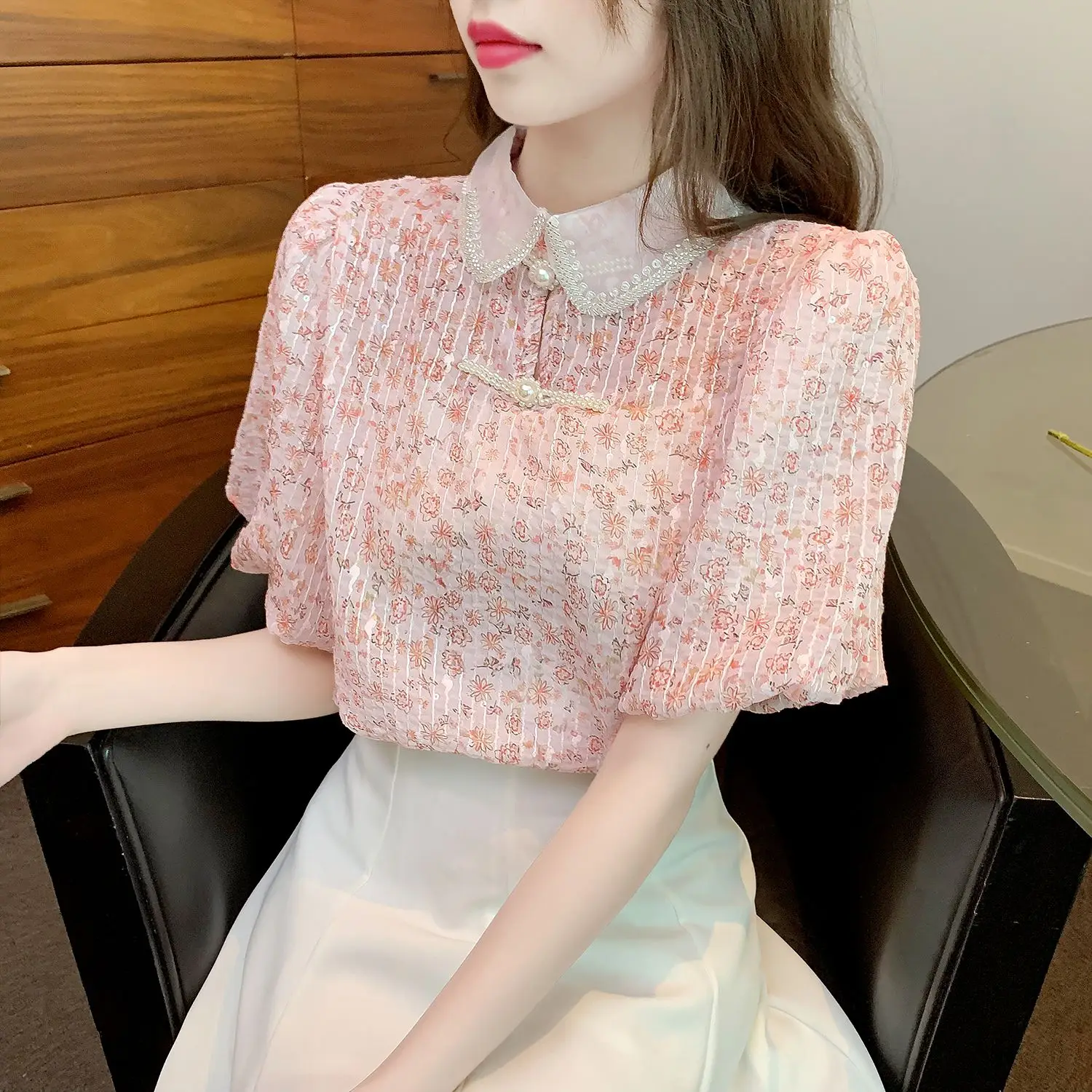 

COIGARSAM Blouse Women New Vintage Cute Short Sleeve Embroidery Floral Print Blusas Womens Tops And Blouses Dropshipping