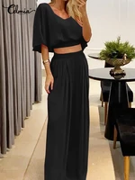 leisure 2022 summer 2 pcs sets celmia v neck bat sleeve cropped tops and elastic waist long trousers suits women solid pant sets