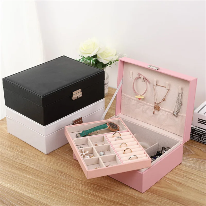 Two-layer have locking luxury PU leather jewelry packaging boxes earrings necklace gift box storage box jewellery box organizer