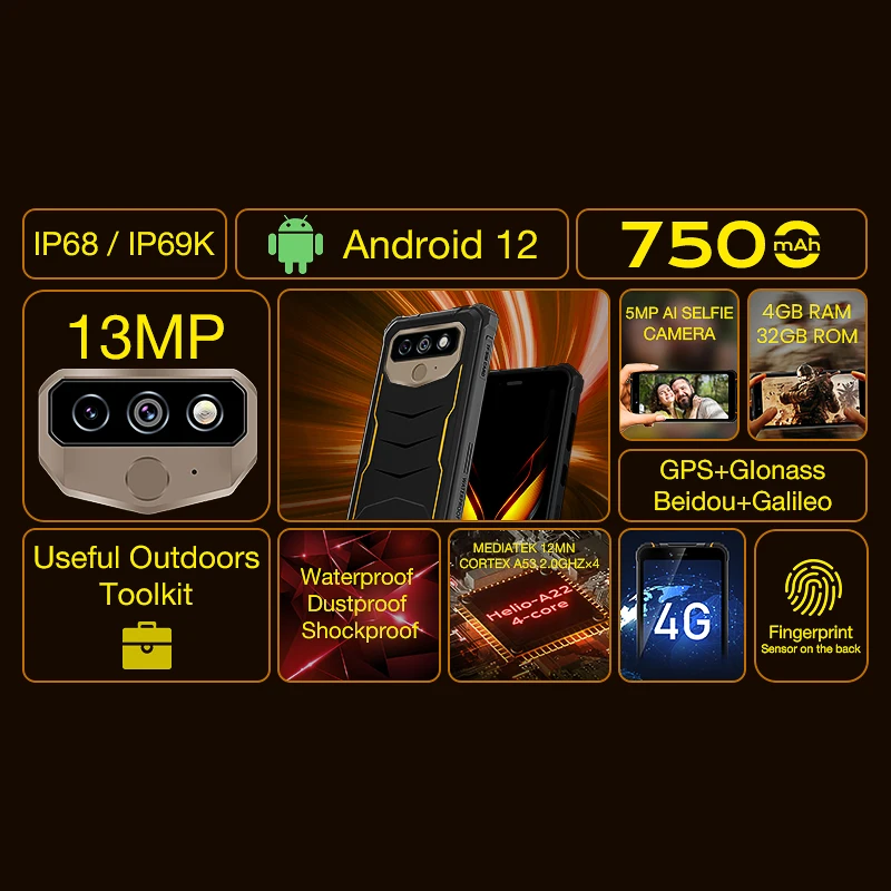 Смартфон Hotwav T5 Pro 4G прочный Android 12 OS MTK6761 6 0 дюйма 4 + 32 ГБ 7500 мА · ч 13 МП основная
