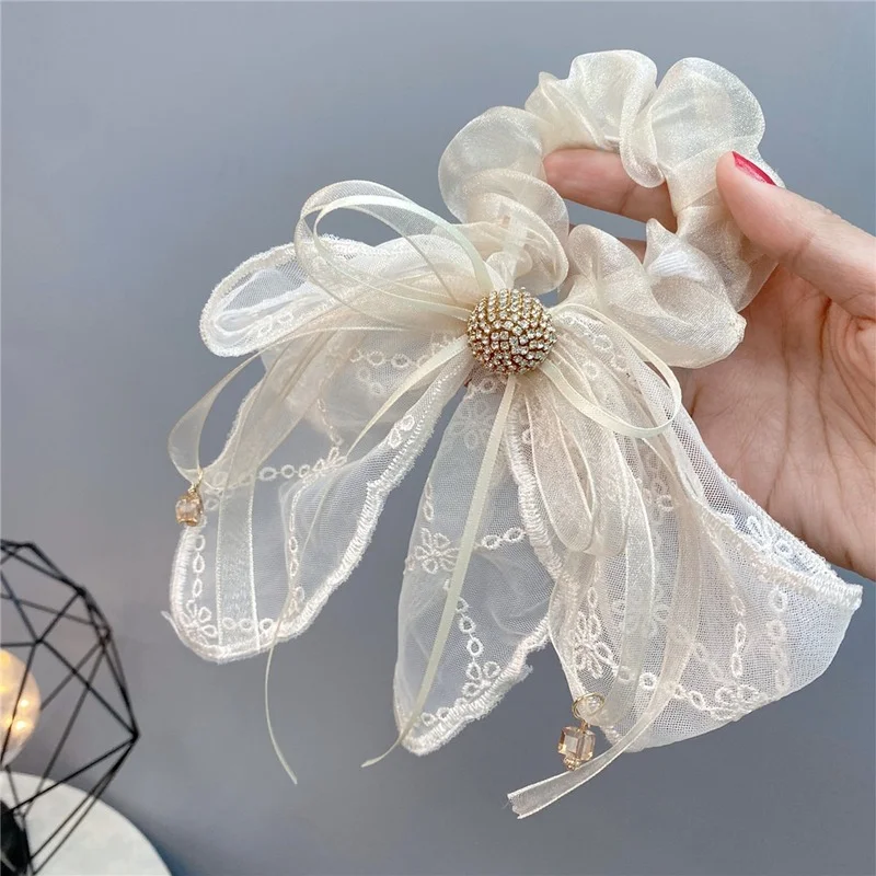 

High-end light luxury headdress lace bow large intestine hair ring crystal streamer drill ball Korean version hair accessories