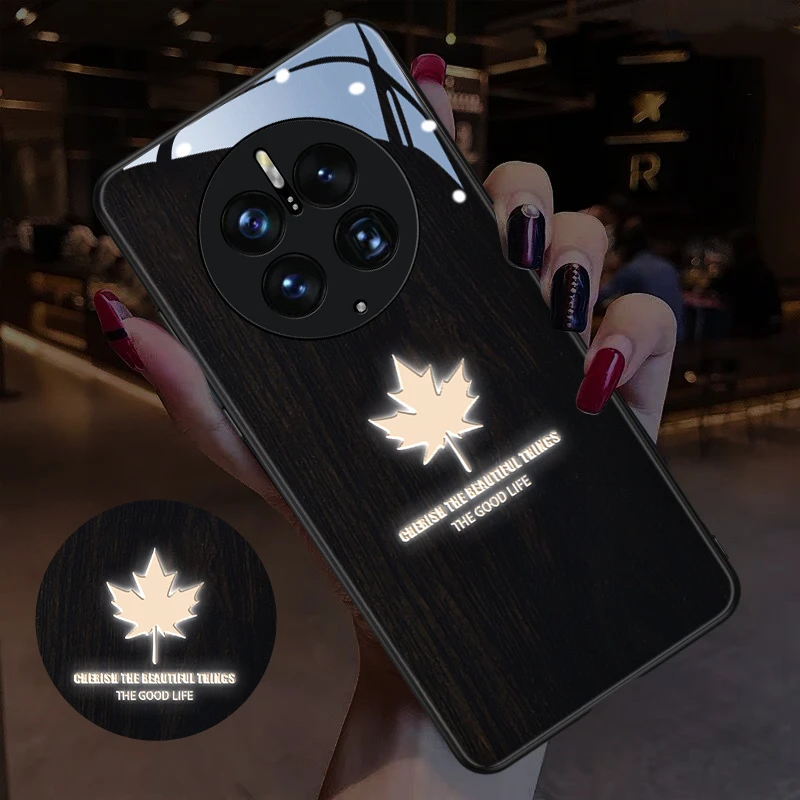 

Luminous Maple Leaf LED Light Glowing Tempered Glass Back Phone Case for Huawei P30 P40 P50 P60 Mate 30 40 50 Nova10 Plus Ultra