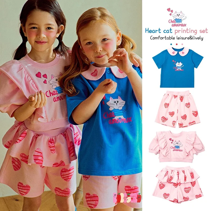 

Jenny&DaveChildren's wear summer new Nordic cartoon love kitten print T-shirt shorts sisters cute suit trendy children
