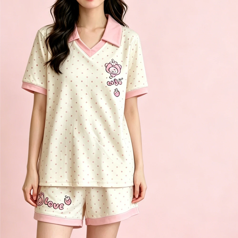 Фото Пижамный комплект Sweet Fairy Kawaii с клубничной вышивкой, топ с V-образным вырезом и воротником-поло, короткий рукав и шорты, комплект из 2 предметов №5