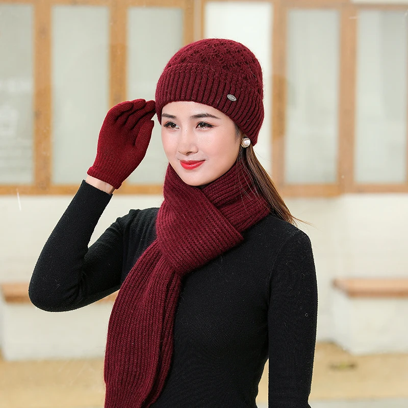 

New Thick Warm Winter Hat Fashion Decor Beanie Hat Long Scarf Set For Women Casual Rabbit Fur Blend Knitted Hat Mother Gift