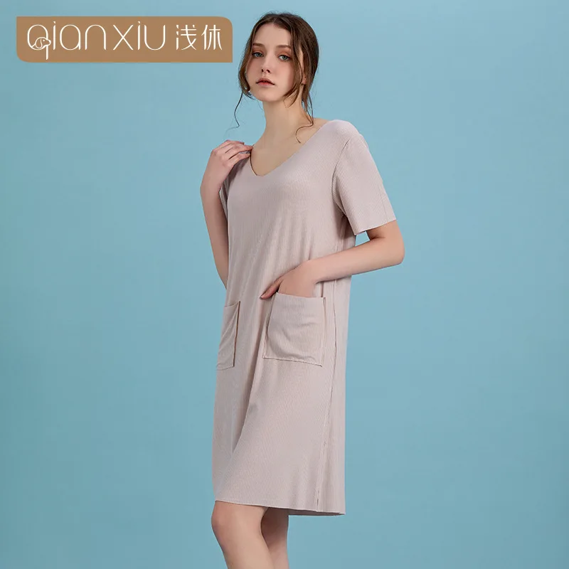 Женская ночная сорочка из бамбукового волокна с коротким рукавом и V-образным