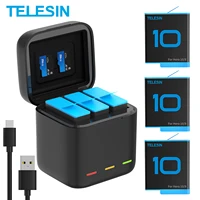 telesin 3x for gopro 9 10 battery 1750 mah 3 slots led light charger tf card battery storage box for gopro hero 9 10 accessories