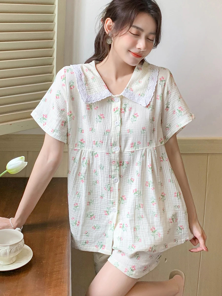 Pastoral floral doll collar short-sleeved shorts pajamas women's summer thin cotton gauze cardigan home service suit