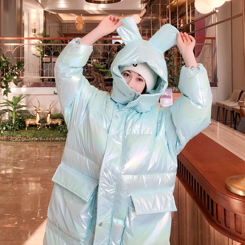 

Glossy Down Jacket Women's 2022 New Winter Korean Loose White duck Down Long Coat Thicken Hooded Snow Parkas Overcoat Female