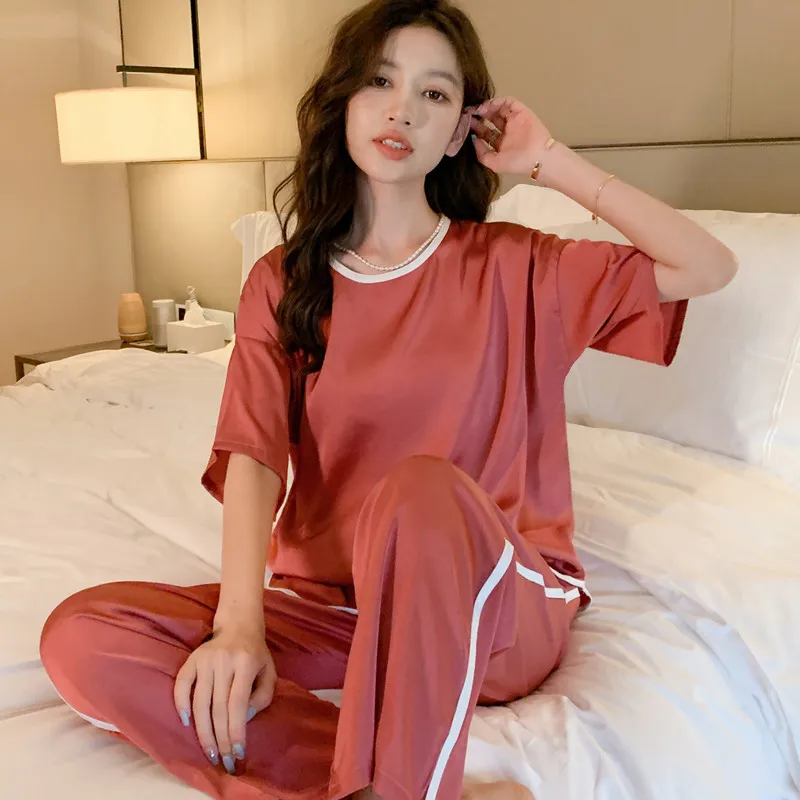2023 New Spring, Summer and Autumn Silk Short Sleeve round Neck Pajamas Women's Suit Loose Large Size Ice Silk Leisure Homewear
