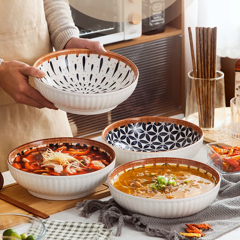 

Большая рамен-чаша 9 дюймов, керамическая миска для лапши, супа, блюдо из искусственного ротанга для китайской кухни