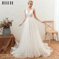 jeheth sexy backless v neck lace tulle wedding dresses elegant spaghetti straps a line bridal gown court train robe de mari%c3%a9e