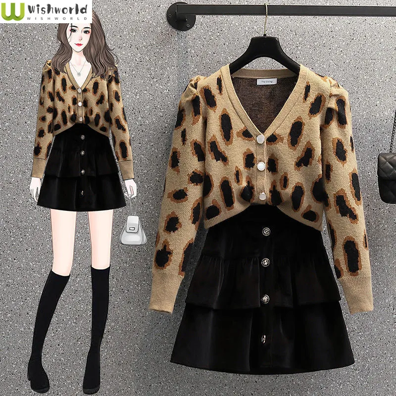 

Spring and Autumn Women's Suit 2022 New Style Waist Narrowing and Age Reducing Leopard Print Cardigan Skirt Two-piece Set