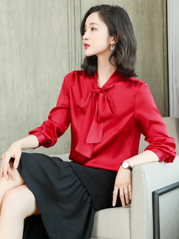 Новая рубашка из натурального шелкового атласа женская блузка шелка с длинными