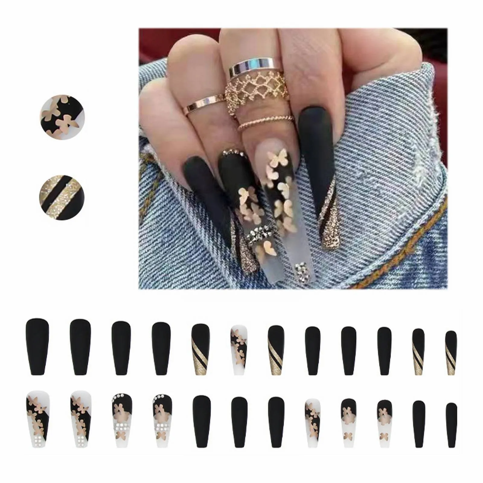 

Long Wearing Nail Ballet Nail Golden Butterfly Diamond Fake Nail Nail Paste Finished Removable Nail Piece Nail Paste Glue 2ml