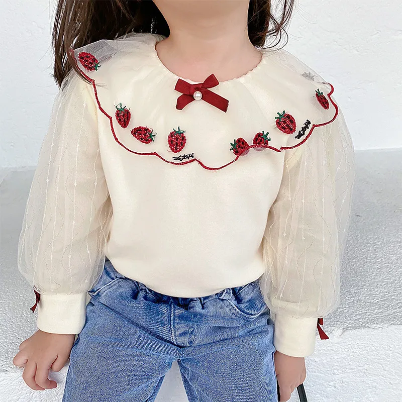 

2022 New Baby Girls Lace Blouse With Embroidery Korean Style Toddlers Children Tops Princess Cute Long Sleeve Spring Kids Shirts