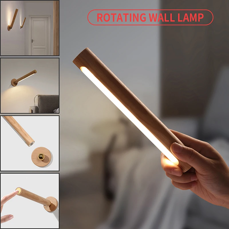 Rotatable Wood Sconce Night Light USB Charging Light Touch Control Stepless Dimming Corridor LED Sensor Bedroom Wall Lamp