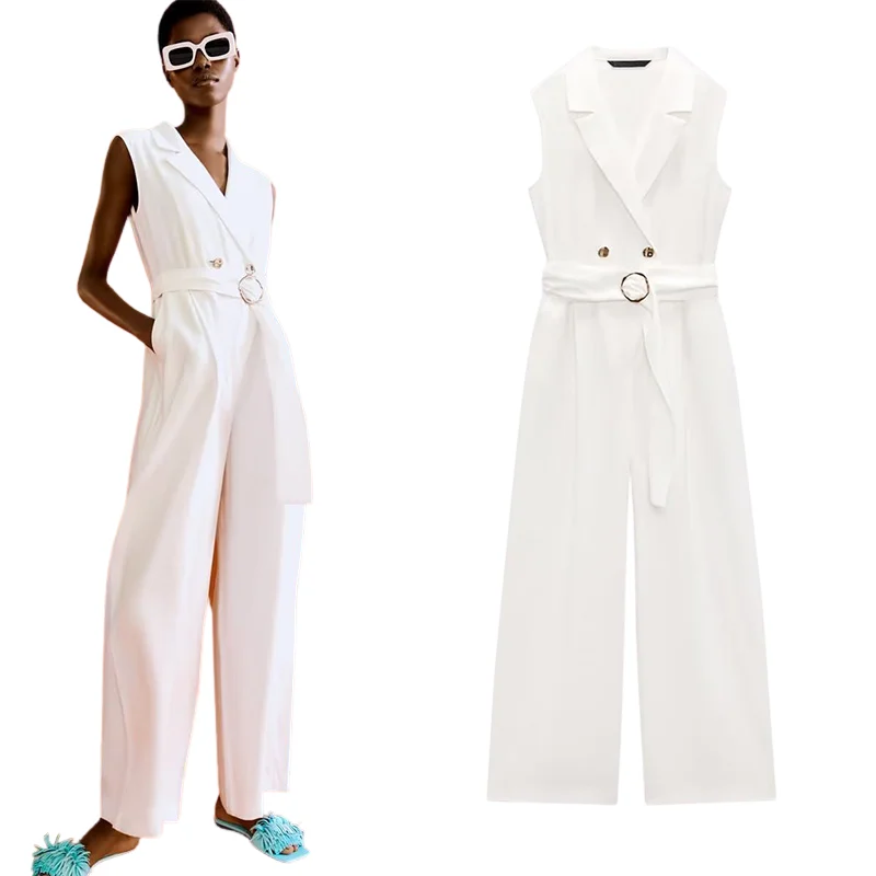 

Summer New Office Women's Solid White Jumpsuit Women's Sleeveless V-neck Belt Tights Fashion Retro High-waisted Pants Jumpsuit