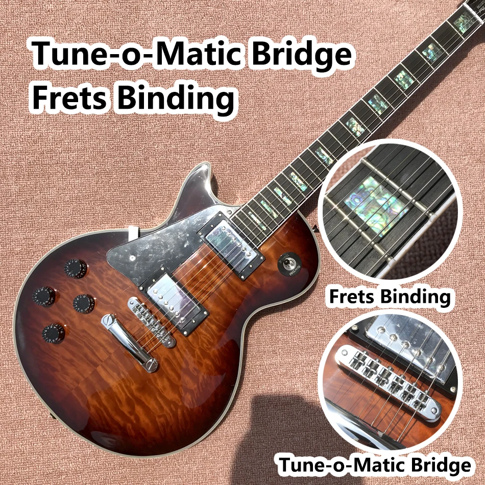 

Left Hand Custom Electric Guitar Cloud Maple Top Brown Burst Abalone Inlaid Rosewood Fingerboard Frets Binding Tune-o-Matic Brid