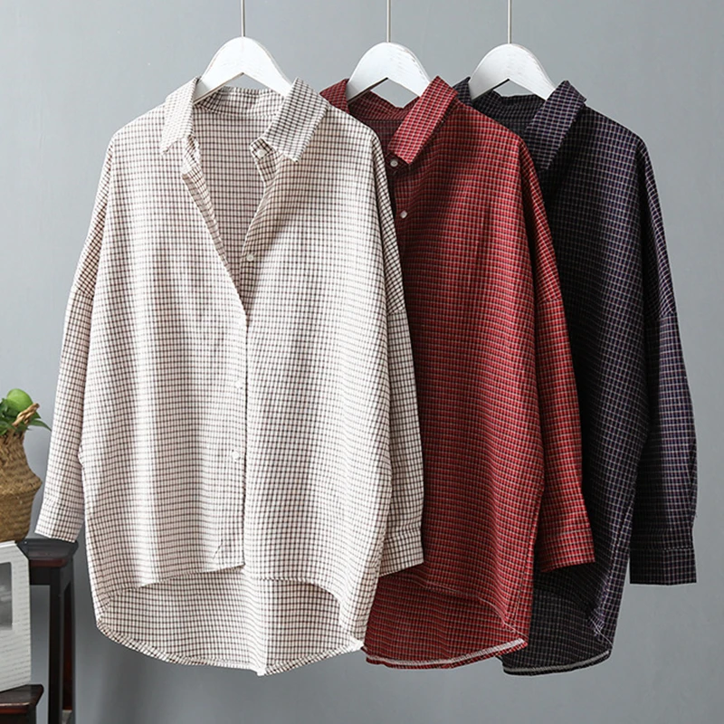 

Autumn Women Korean Long Sleeve Tum-Dowm Collar Plaid Loose Blouse Casual Single Breasted Ladies Shirt Blusas Mujer Female