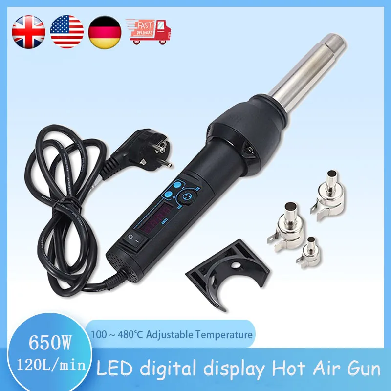 Термофен со светодиодной регулируемой температурой, пластиковые встроенные сварочные аппараты, Сварочная горелка, нагревательный пистолет с 3 насадками, 650 Вт