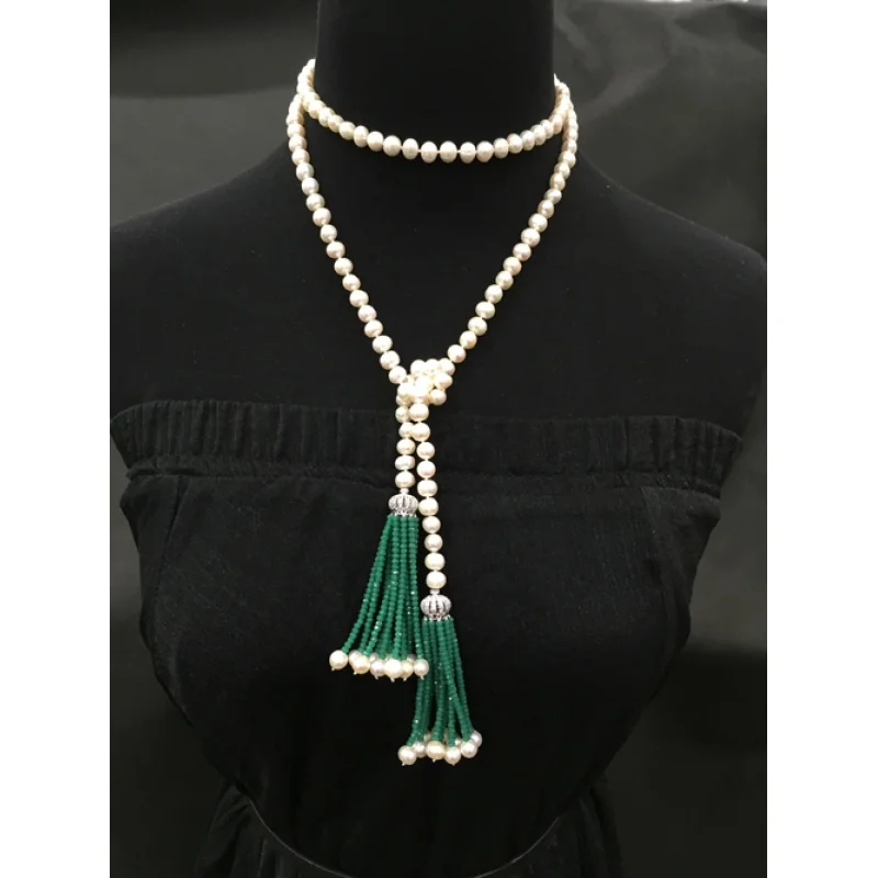 Ожерелье-цепочка длинное с натуральным жемчугом колье длиной 7-8 мм белый