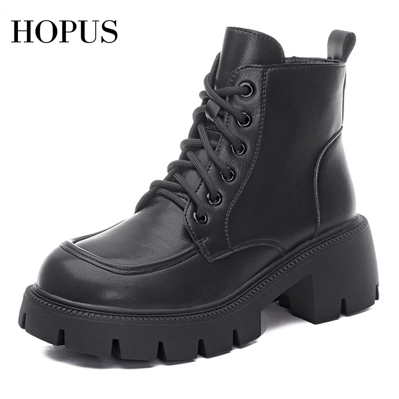 

HOPUS Women's Shoes Trend British Style Elegant Lace-up Black Ankle Boots Women 2022 New Chunky Heel High Platform Boots Leather