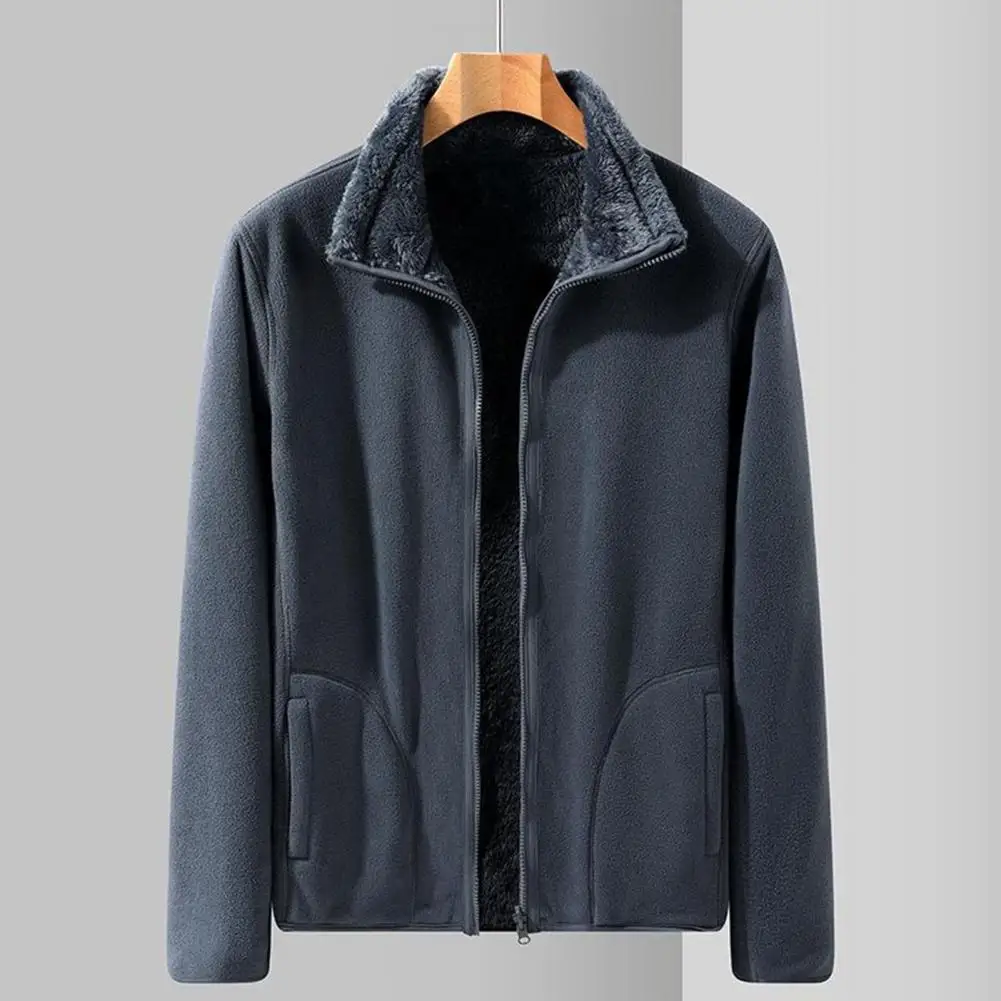 

Reversible Polar Fleece Jacket Cozy Men's Winter Fleece Jacket with Stand Collar Long Sleeves Pockets Stylish Warm for Autumn