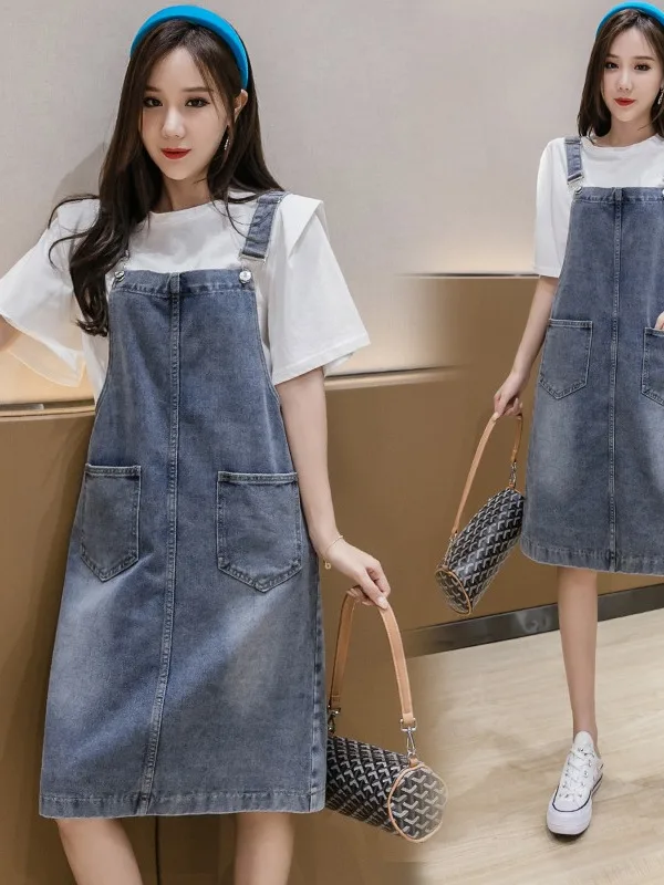 

Korean Style Summer Denim Dress Women Slim Fit Straps with Pocket Overall Sundress Preppy Style Girl Student Office Dress