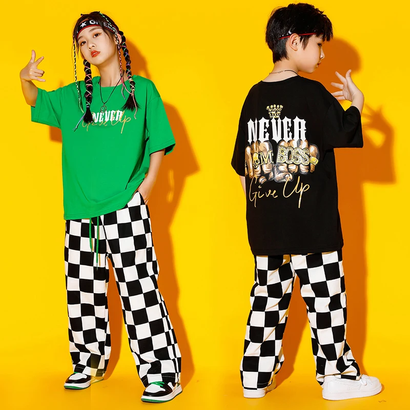 

Kids Festival Hip Hop Jazz Dance Clothing Short Sleeve Tee Tops + Plaid Pants Loose Dance Costume Sets Girls Boys Stage Wear