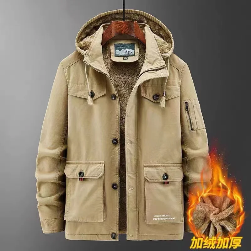 Men's Cotton Padded Clothes Pure Cotton Tooling Jacket Winter Plush Thickened Coat Hooded Man Winter Suit Casual Warm Top Male