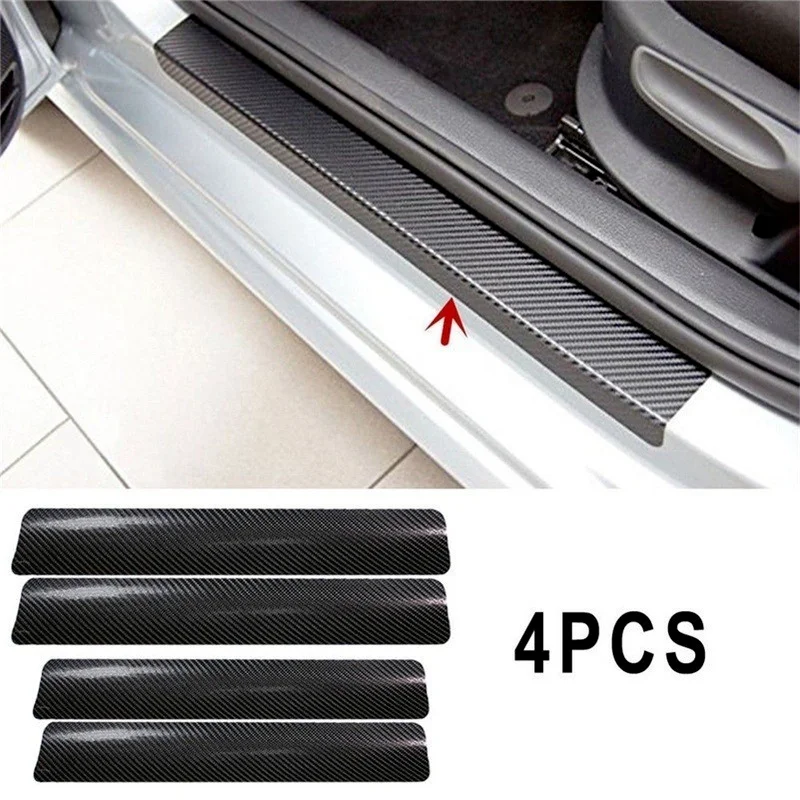 

4Pcs with Scraper Car Door Protector Universal Plate Stickers Carbon Fiber Look Car Sticker Sill Scuff Cover Anti Scratch Decal