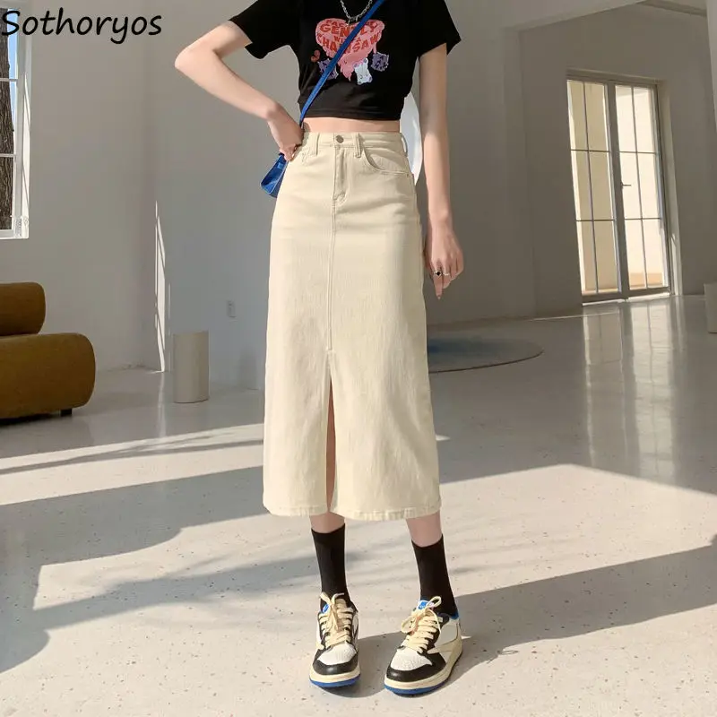 

Skirts Women Chic Tender Daily All-match Slit Simple Pure Elegant Ulzzang Ladies Design Classic Summer Denim Retro Slim Empire