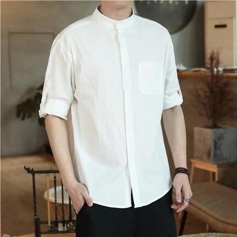 Men's Casual Blouse Cotton Linen Shirt Loose Tops Breathable Tee Shirt Spring Summer Solid Handsome Men Shirts Husband 5XL E64