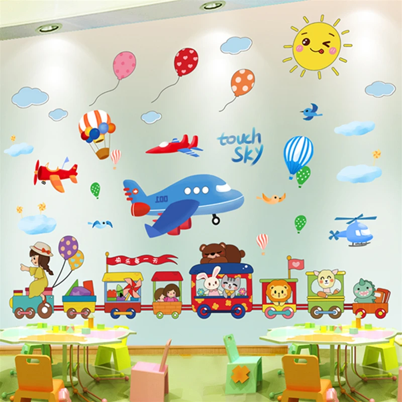 

Animals Train Wall Stickers DIY Balloons Airplanes Wall Decals for Kids Rooms Baby Bedroom Kindergarten Nursery House Decoration