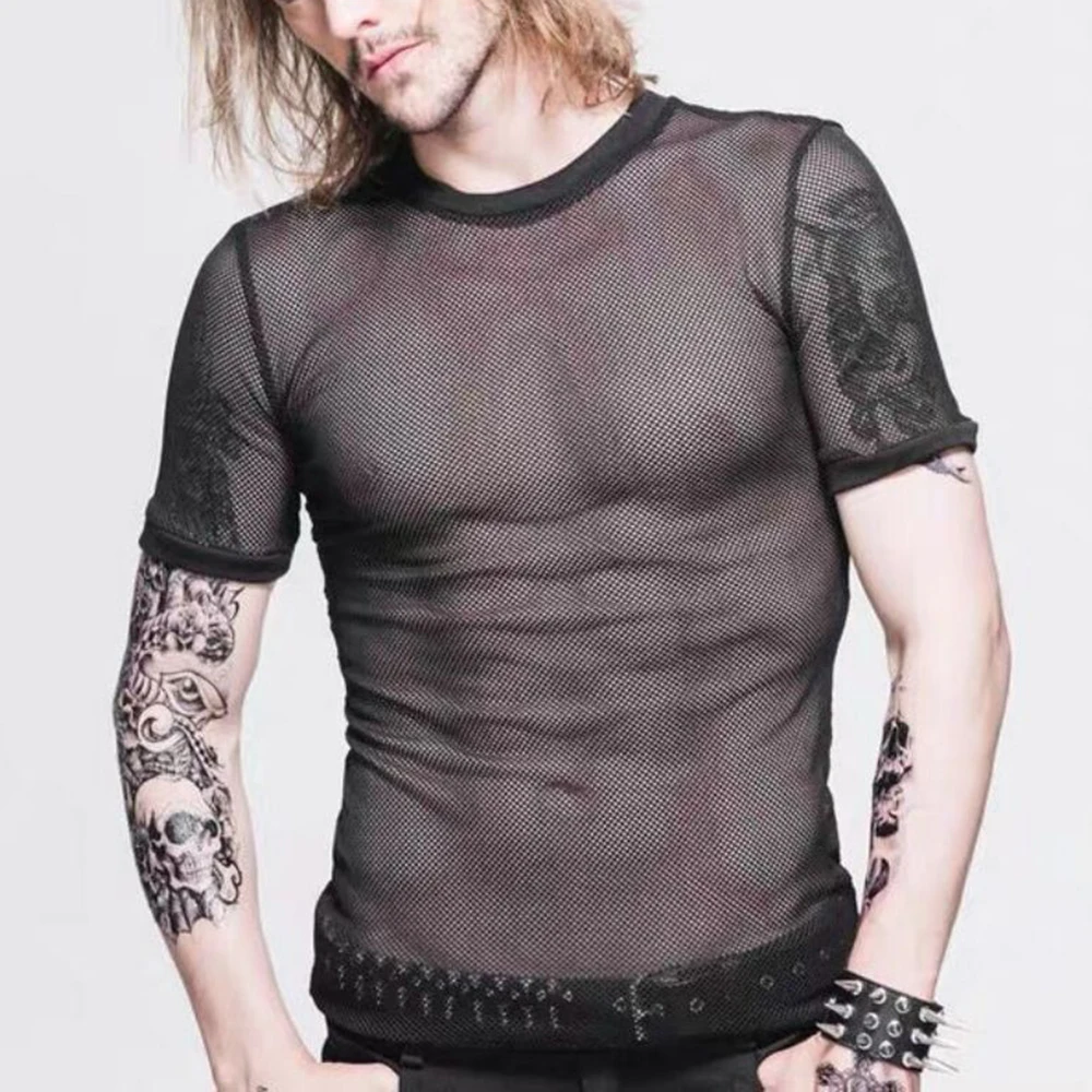 

2023 Summer New Men's Mesh O-neck Pullover Nightclub Hollow Perspective Short-sleeved T-shirt Top Slim-fit Transparent Underwear