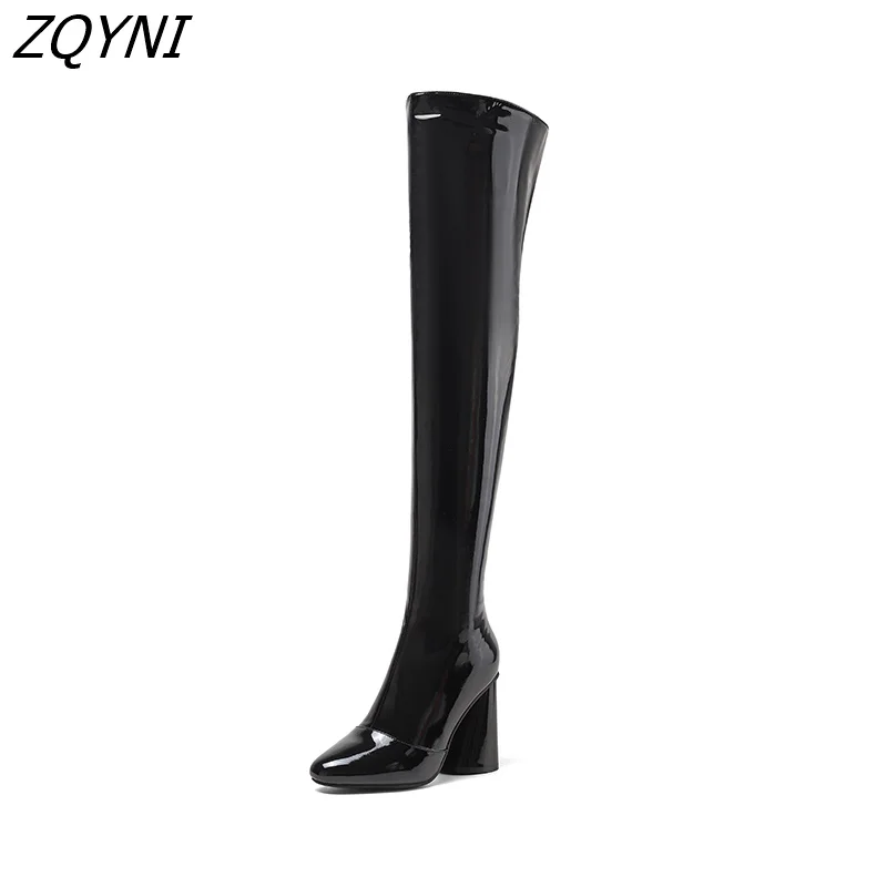 

2022 new microfiber knee high boots square high heels pointed stone Boots Black Brown women's shoes 2022 NEW
