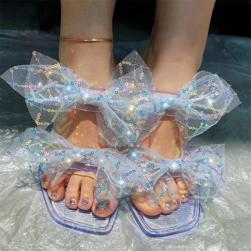 

Женские нескользящие пляжные шлепанцы, универсальные модные шлепанцы на плоской подошве с бантом и блестками, весна-лето 2022