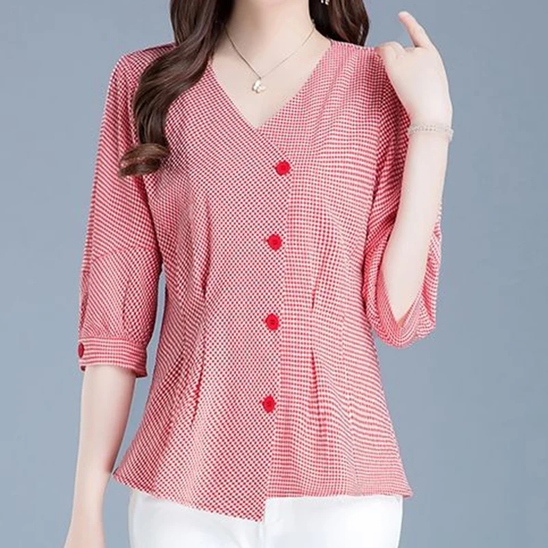 Plaid cotton and linen shirt women's summer 2021 new fashion Korean  thin middle-aged mother  top  vintage top