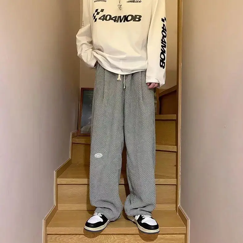 

ZCSMLL korean Style minority corduroy waffle pineapple pattern casual pants men's ins loose 100 trend straight floor mops