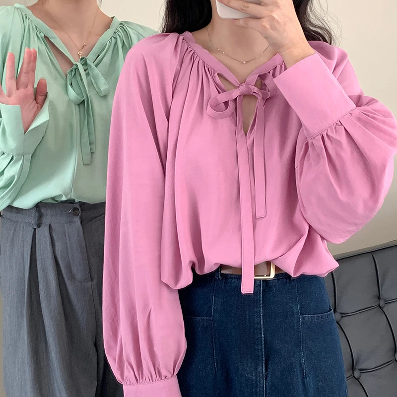

Spring Fall Loose Sweet Elegant Plain lace-up Long Shirts V-neck Women Long Sleeve Chic pullover Blouses Vintage Korean 3 colors