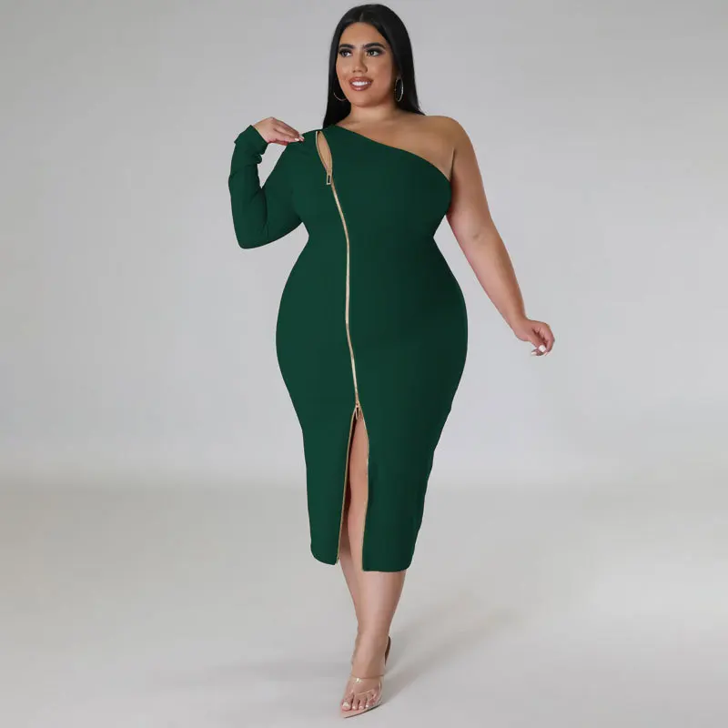 2023 Spring Women Dress Zipper Hollow Out One Shoulder Fashion Elegant Cloth Female Luxury Gown Plus Size Evening Party Dress