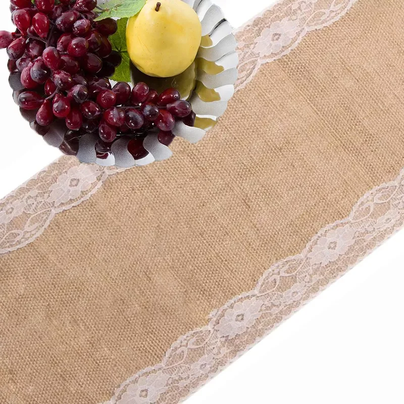 

2022 Vintage Retro Burlap Linen Jute Event Party Supplies Wedding Table Cloth Tablecloth Christmas White Lace Table