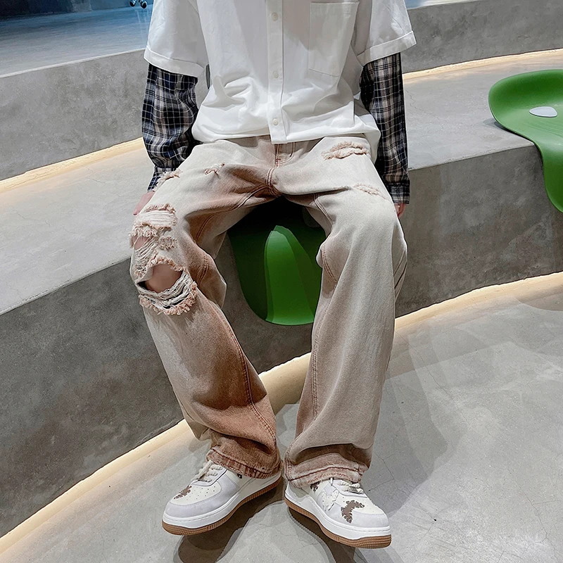 Hole Brown Jeans Men Fashion Retro Ripped Baggy Jeans Men Streetwear Loose Hip Hop Straight Denim Pants Mens Trousers M-2XL