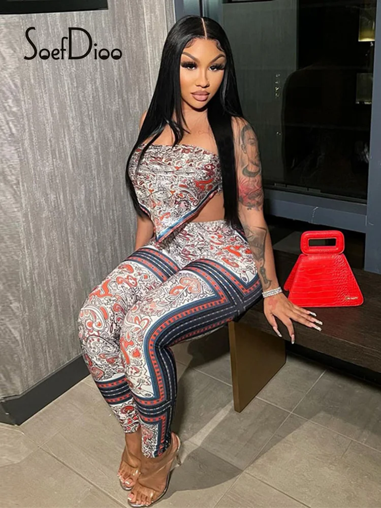 

Soefdioo Printed Corset Tops and Pencil Pants Two Piece Set Women 2022 Summer Casual Fashion Tracksuit Suit Sexy Streetwear