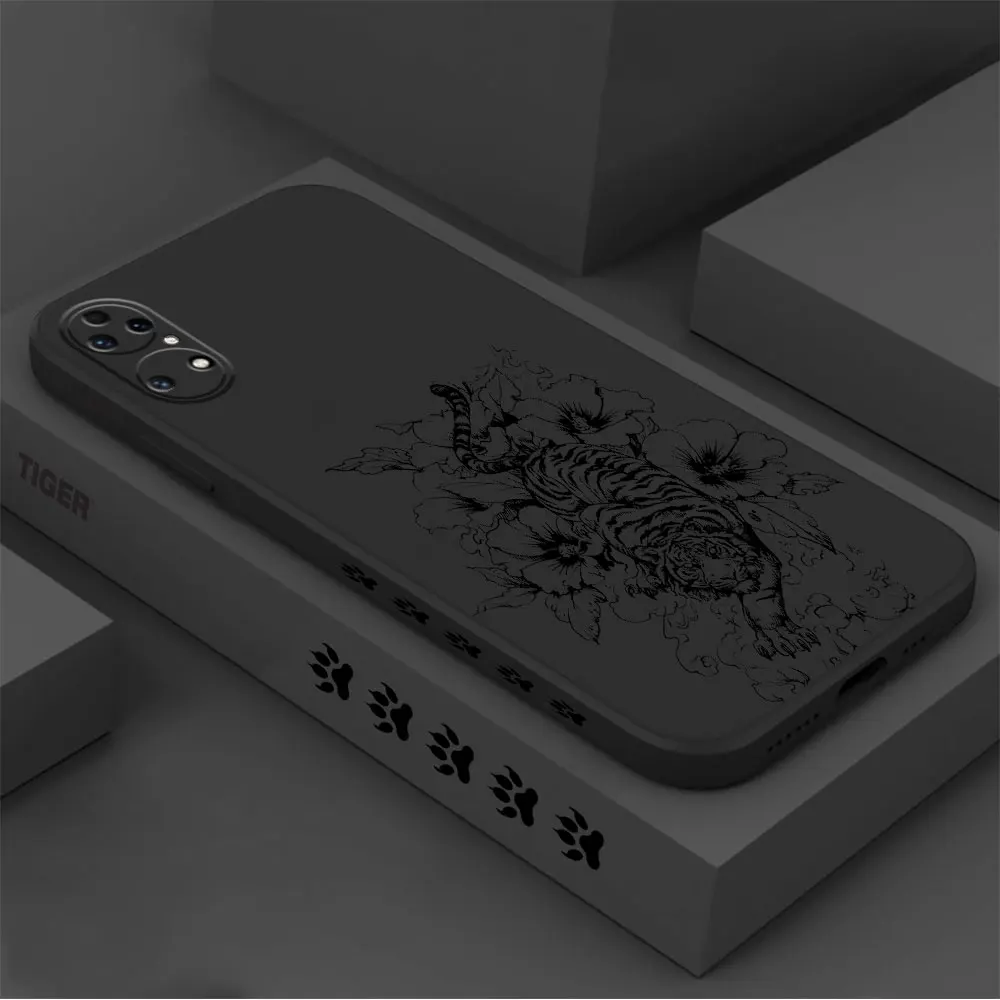 Black Tiger Phone Case For Huawei P60 P50 P40 P30 P20 Mate 50 40 30 20 20X 10 Colour Liquid Silicone Cover Funda Cqoue Shell