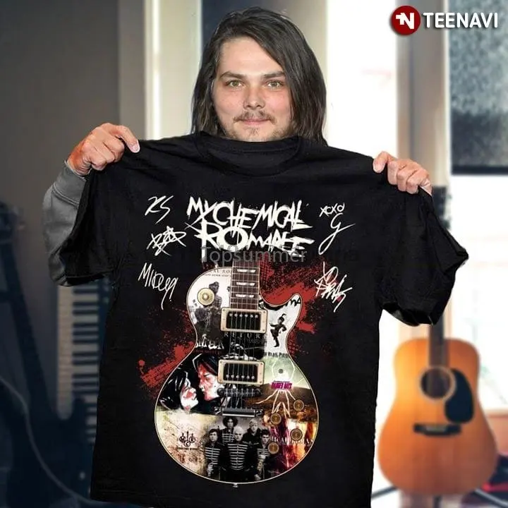 

Men T Shirt My Chemical Romance Rock Band Guitar Signatures Women Tshirts